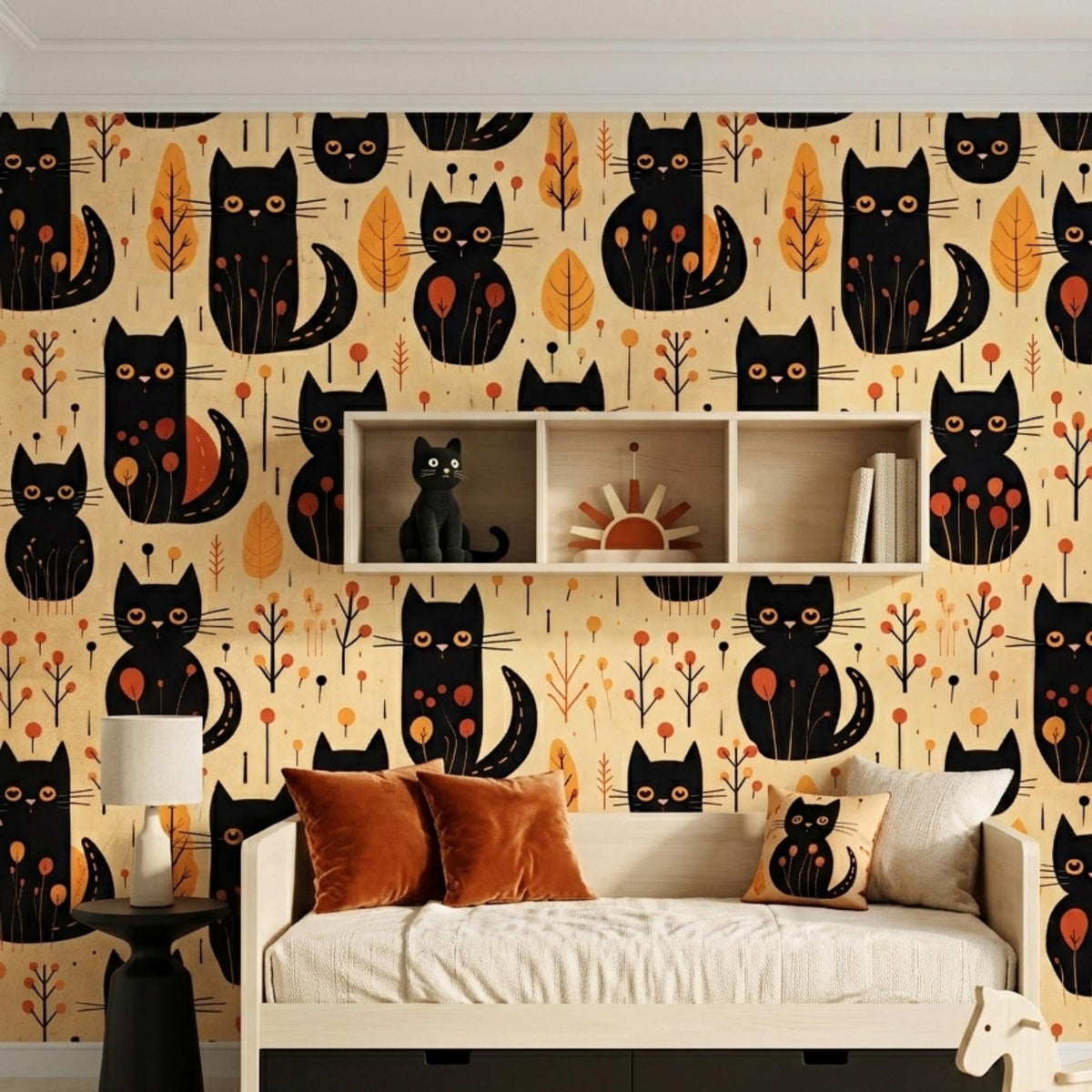 Black Cat Autumn Aesthetic Wallpaper, Whimsical Nursery Wall Decal, Mid Century Modern Cat Decor