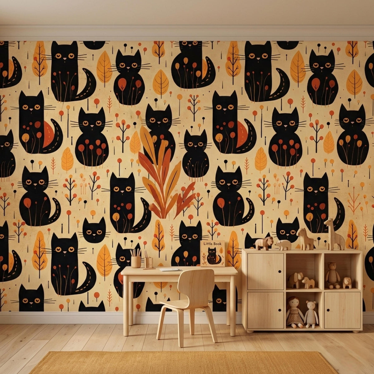 Black Cat Autumn Aesthetic Wallpaper, Whimsical Nursery Wall Decal, Mid Century Modern Cat Decor