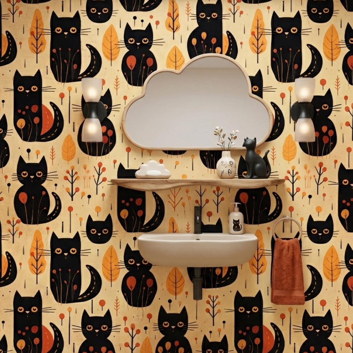 Black Cat Autumn Aesthetic Wallpaper, Whimsical Nursery Wall Decal, Mid Century Modern Cat Decor
