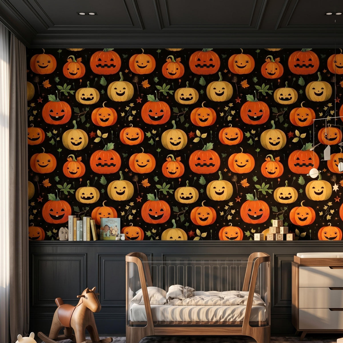 Jack-O'-Lantern Halloween Pattern Spooky Cute Wallpaper, Nursery Wall Decor, Whimsical Autumn Room Makeover, Peel and Stick Wall Covering