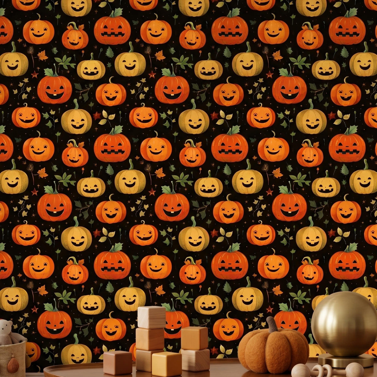 Jack-O'-Lantern Halloween Pattern Spooky Cute Wallpaper, Nursery Wall Decor, Whimsical Autumn Room Makeover, Peel and Stick Wall Covering