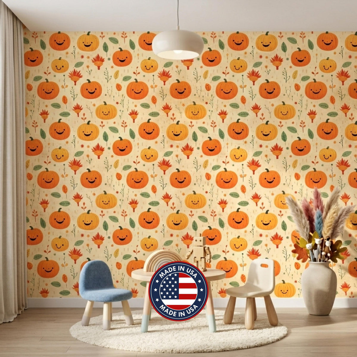 Cute Smiling Pumpkin Autumn Wallpaper, Kids Room Fall Decor, Nursery Peel and Stick Mural, Aesthetic Halloween Home
