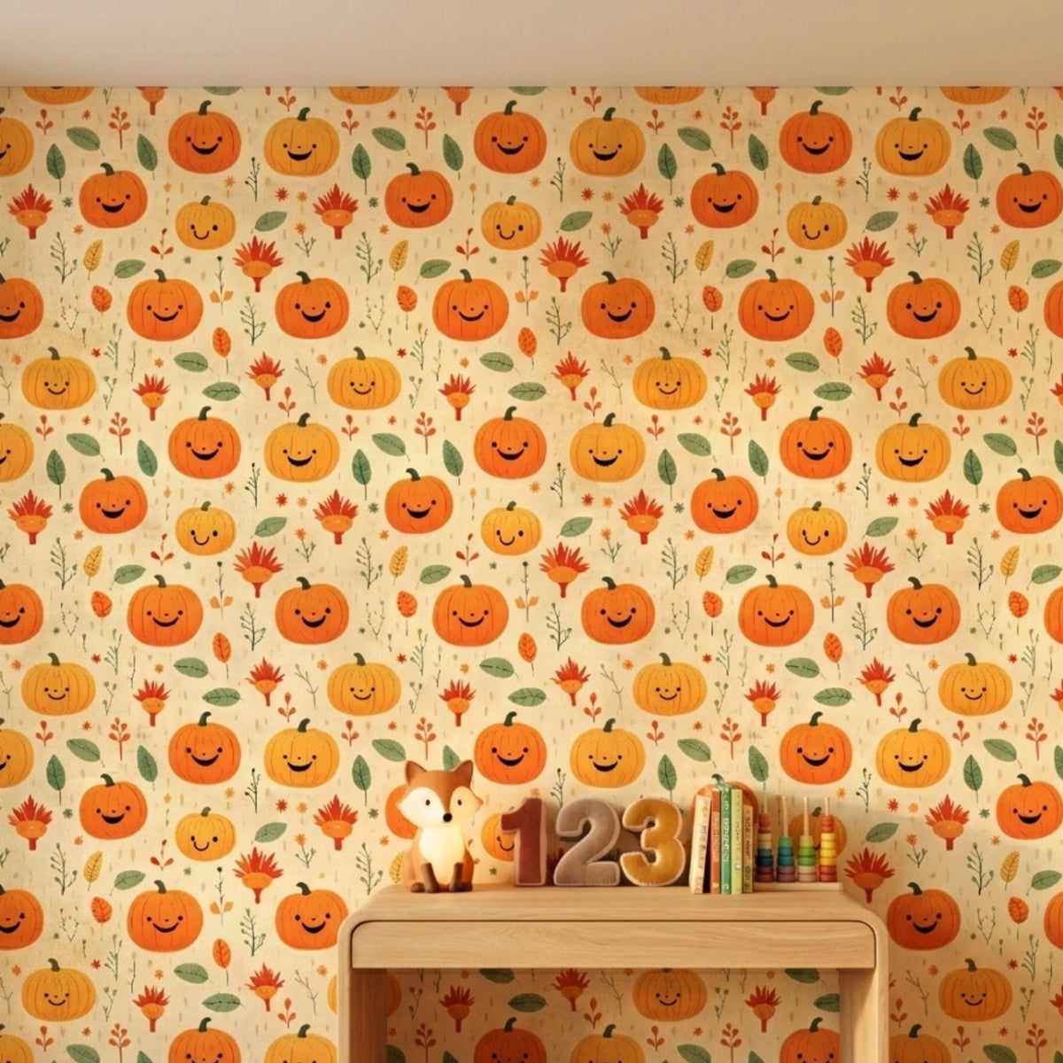 Cute Smiling Pumpkin Autumn Wallpaper, Kids Room Fall Decor, Nursery Peel and Stick Mural, Aesthetic Halloween Home