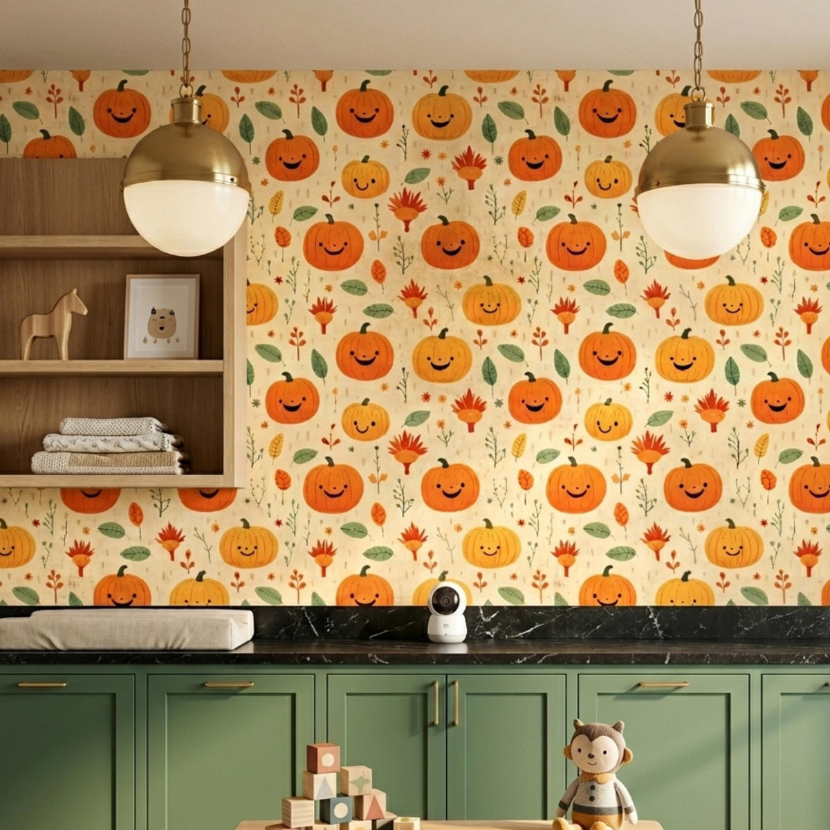 Cute Smiling Pumpkin Autumn Wallpaper, Kids Room Fall Decor, Nursery Peel and Stick Mural, Aesthetic Halloween Home