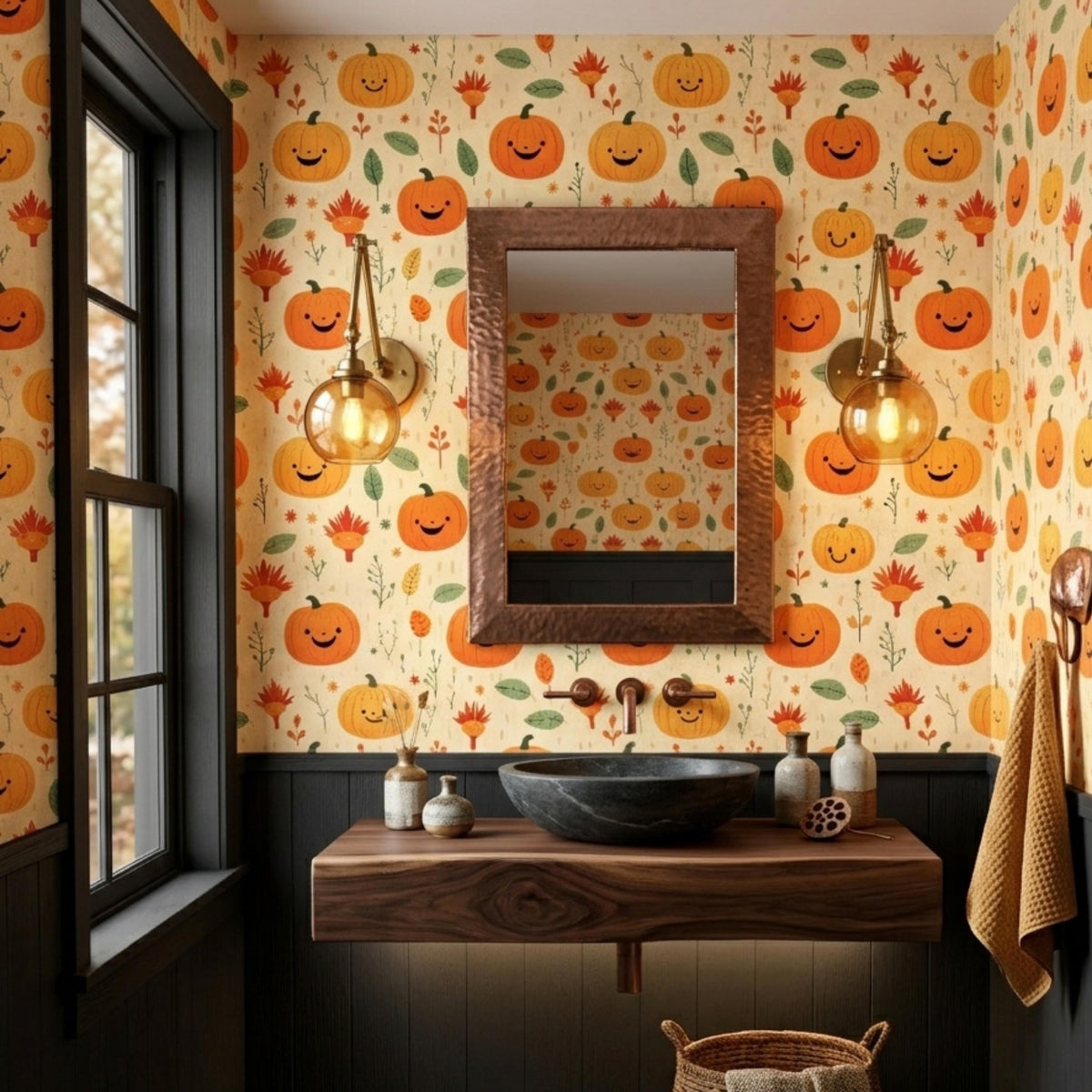 Cute Smiling Pumpkin Autumn Wallpaper, Kids Room Fall Decor, Nursery Peel and Stick Mural, Aesthetic Halloween Home