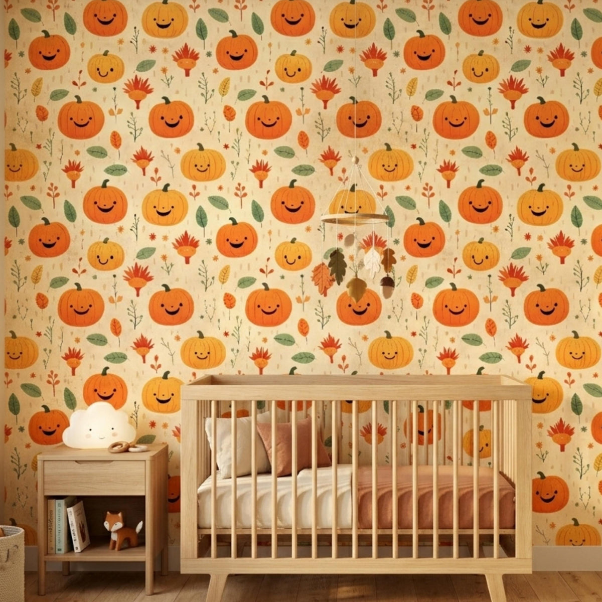 Cute Smiling Pumpkin Autumn Wallpaper, Kids Room Fall Decor, Nursery Peel and Stick Mural, Aesthetic Halloween Home