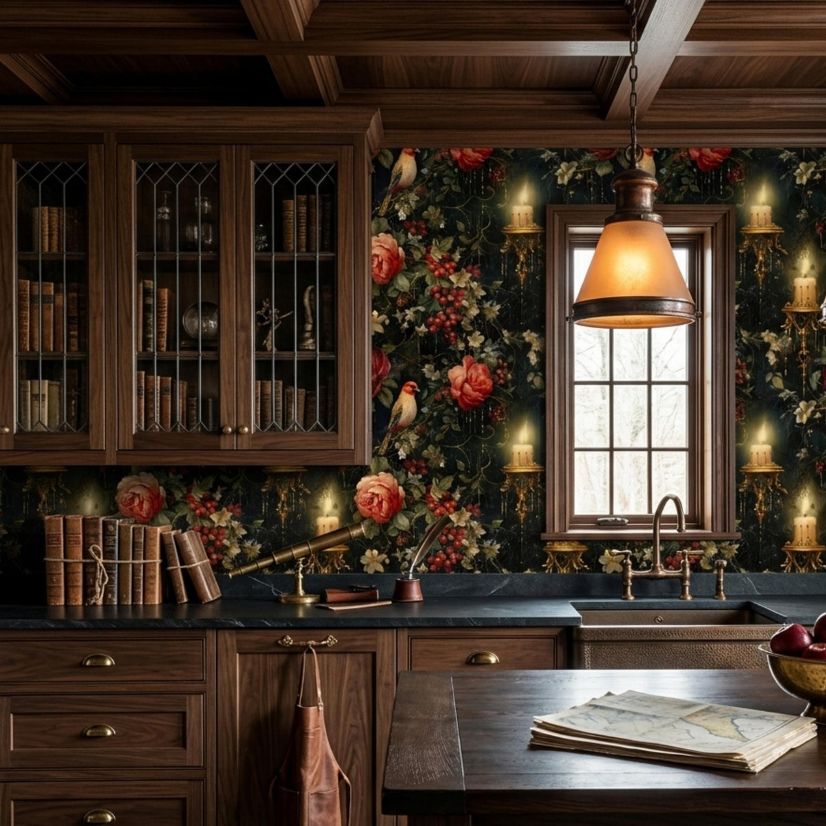 Dark Academia Floral Birds and Candles Wallpaper, Vintage Victorian Red Rose Wall Decal, Moody Maximalist Interior, Antique Still Life Art