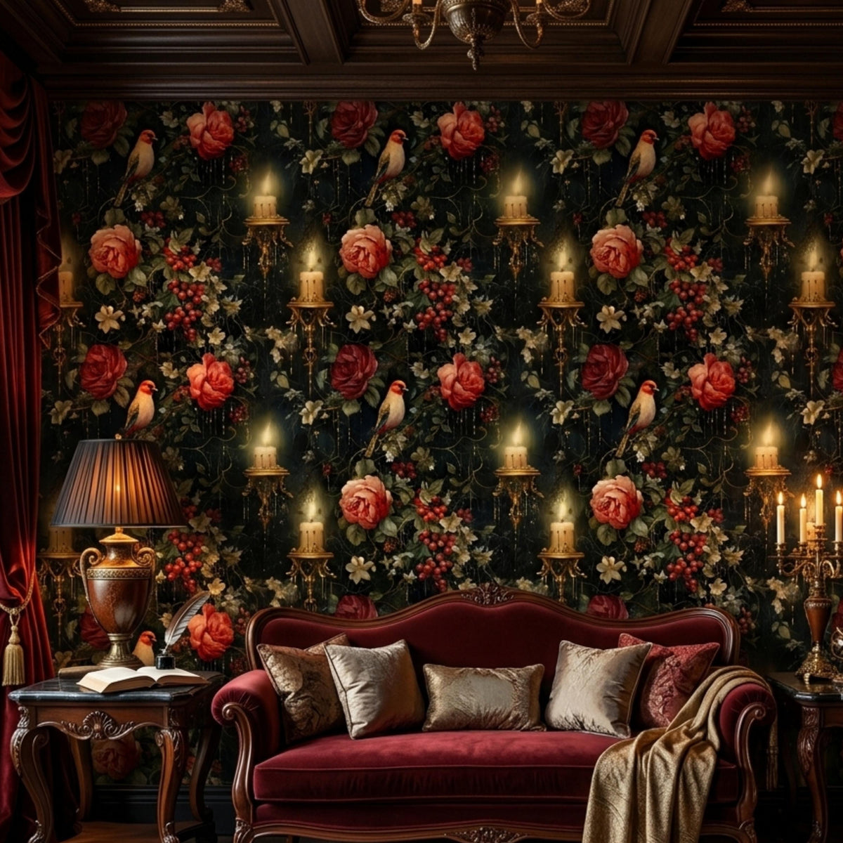 Dark Academia Floral Birds and Candles Wallpaper, Vintage Victorian Red Rose Wall Decal, Moody Maximalist Interior, Antique Still Life Art