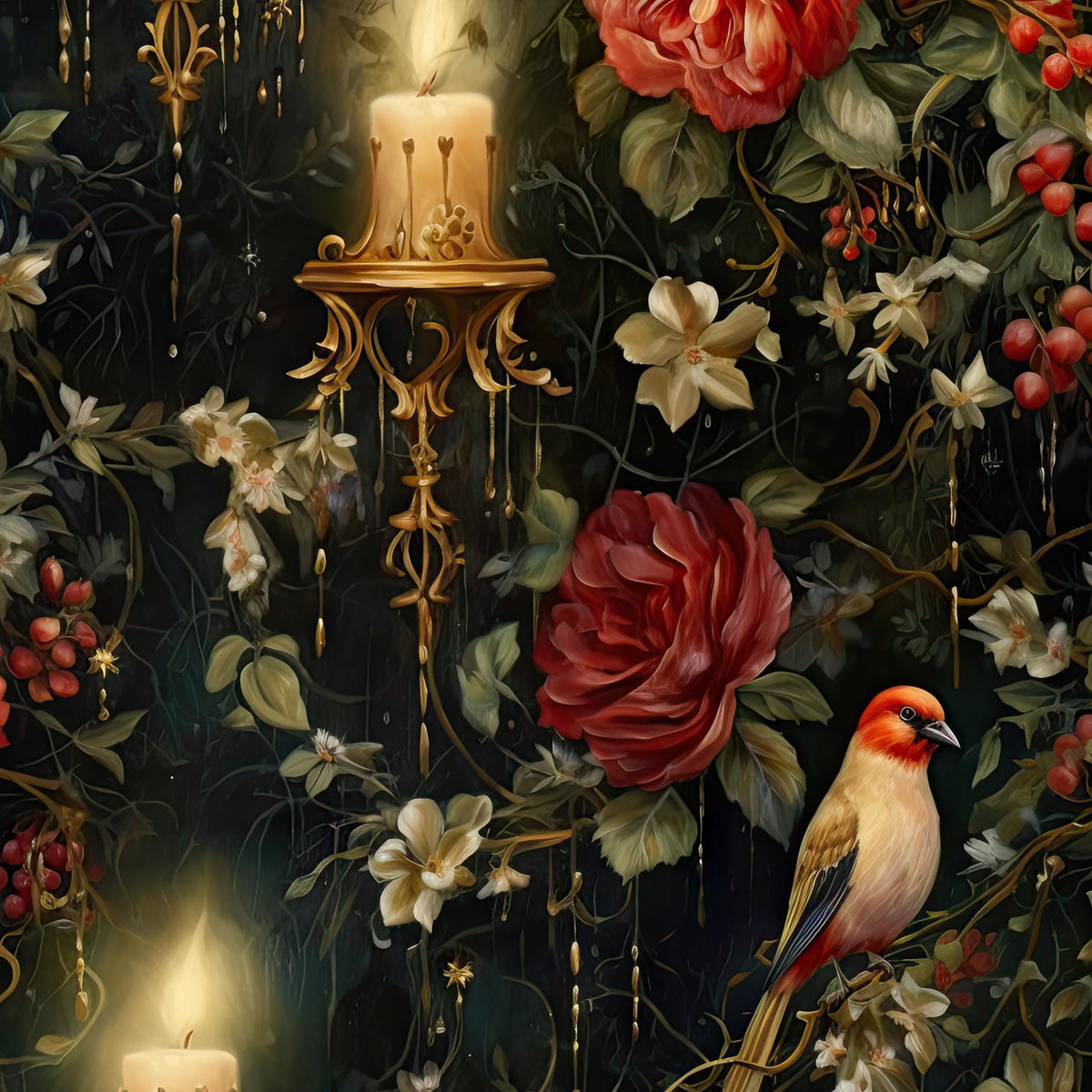 Dark Academia Floral Birds and Candles Wallpaper, Vintage Victorian Red Rose Wall Decal, Moody Maximalist Interior, Antique Still Life Art