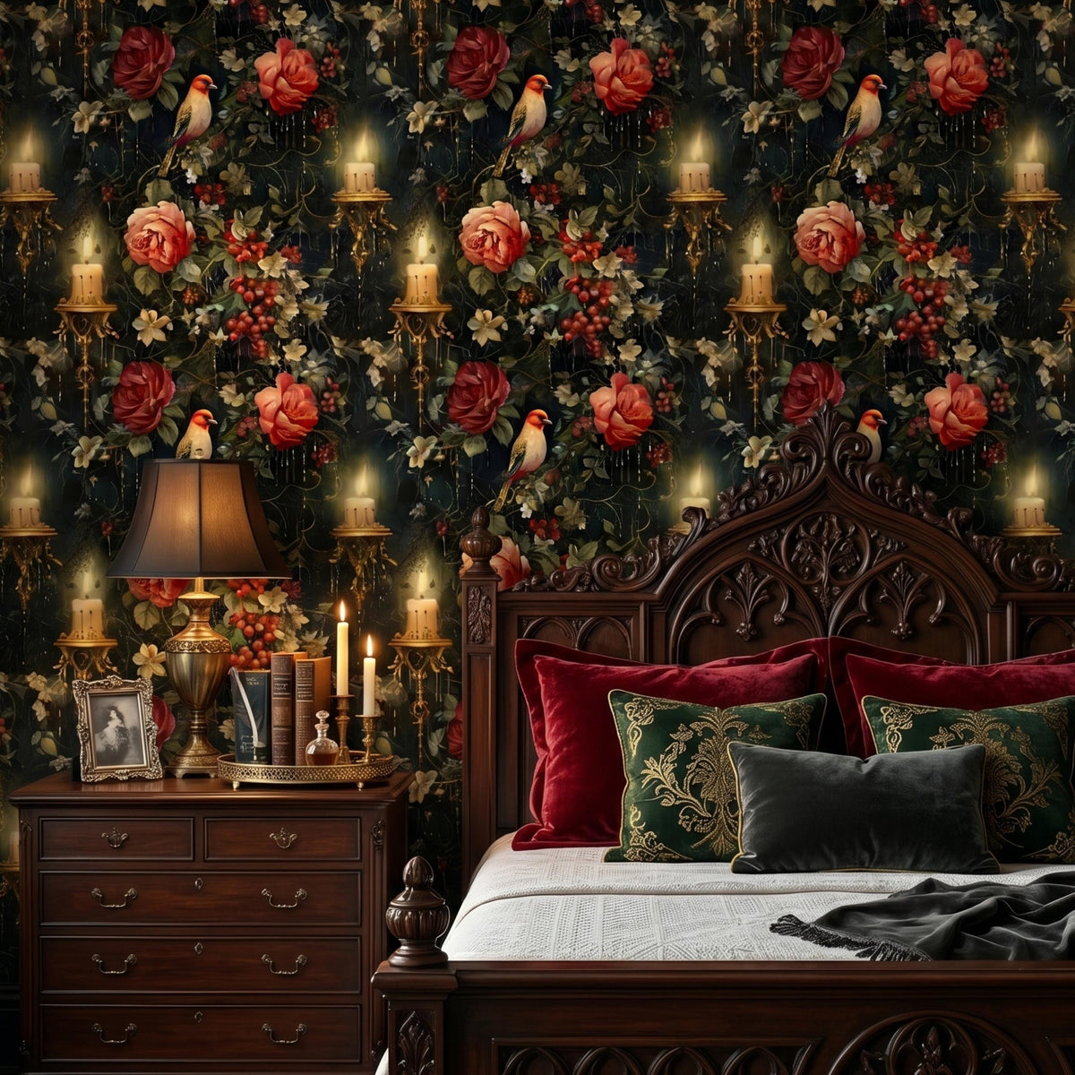 Dark Academia Floral Birds and Candles Wallpaper, Vintage Victorian Red Rose Wall Decal, Moody Maximalist Interior, Antique Still Life Art
