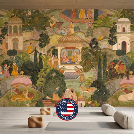 Mughal Miniature Garden Wallpaper Mural, Indian Vintage Landscape Art, Large Green Maximalist Wall Decor, Traditional Ethnic Home Accent