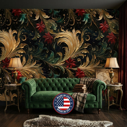 Baroque Floral Moody Dark Wallpaper Luxury Gold Leaf Wall Mural, Maximalist Home Decor, Gothic Floral Accent Wall, Vintage Aesthetic Decor