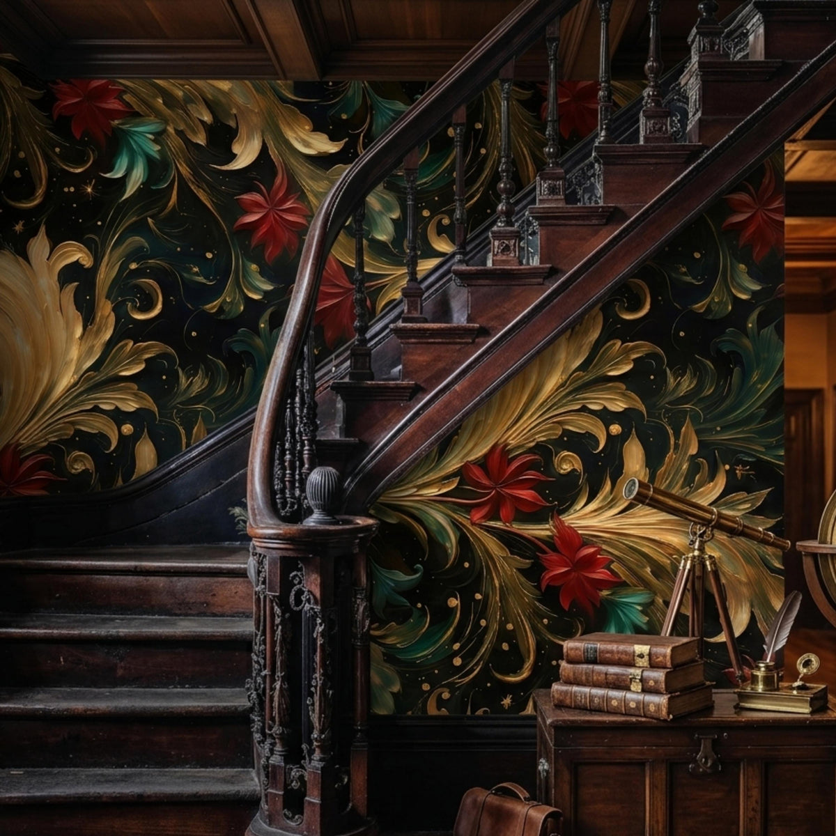 Baroque Floral Moody Dark Wallpaper Luxury Gold Leaf Wall Mural, Maximalist Home Decor, Gothic Floral Accent Wall, Vintage Aesthetic Decor