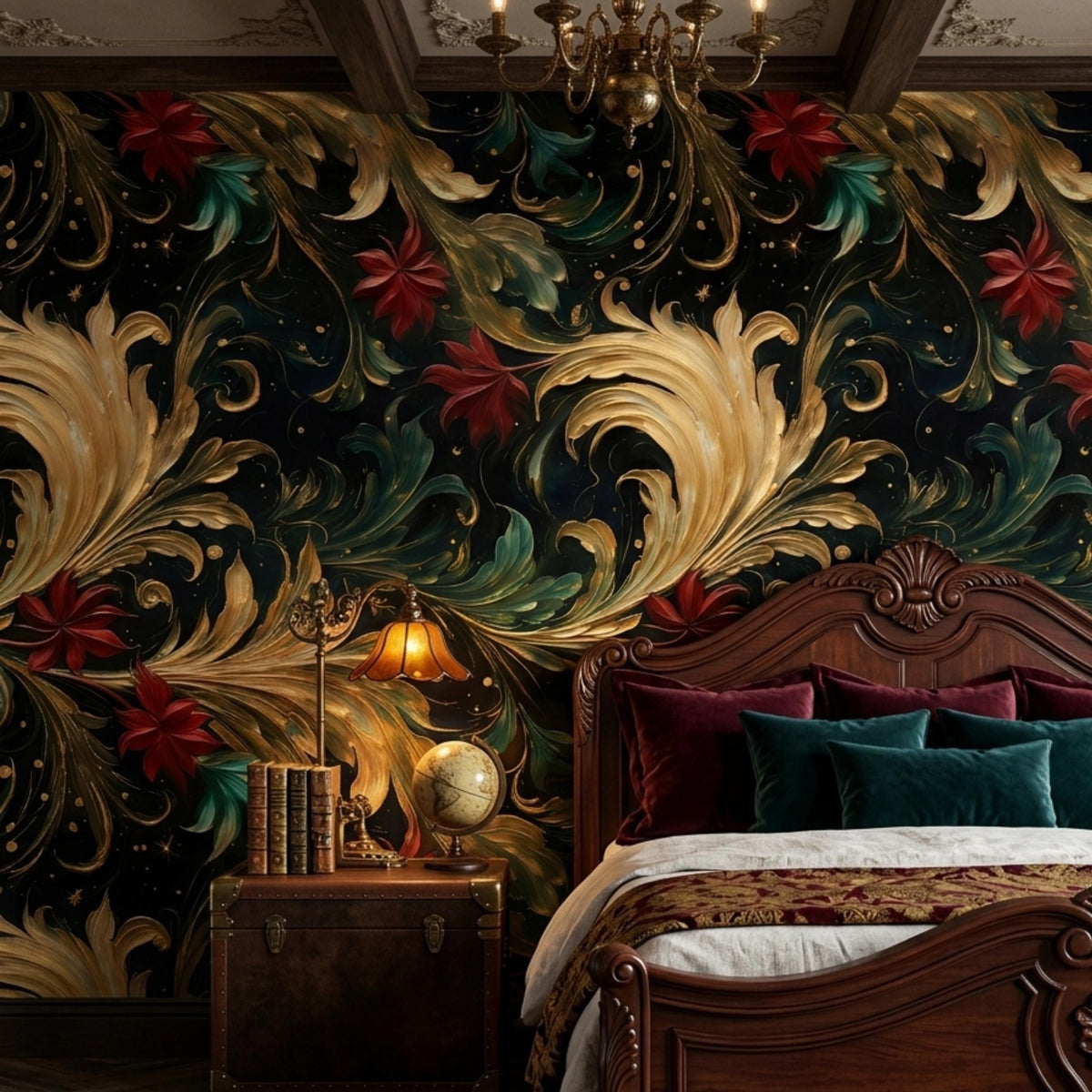 Baroque Floral Moody Dark Wallpaper Luxury Gold Leaf Wall Mural, Maximalist Home Decor, Gothic Floral Accent Wall, Vintage Aesthetic Decor