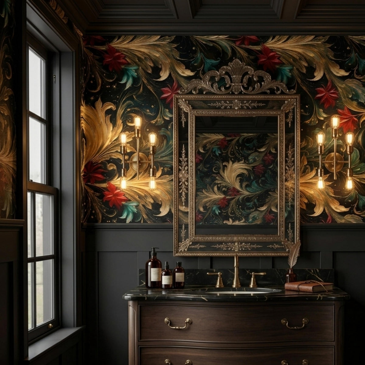 Baroque Floral Moody Dark Wallpaper Luxury Gold Leaf Wall Mural, Maximalist Home Decor, Gothic Floral Accent Wall, Vintage Aesthetic Decor