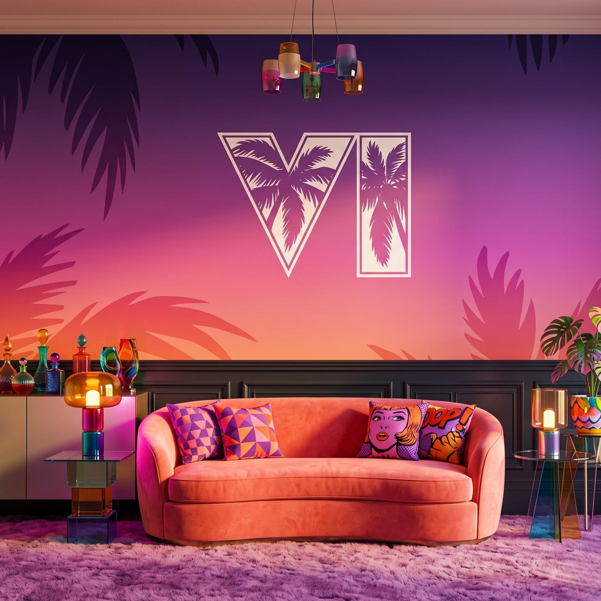 Synthwave Gaming Aesthetic Wall Mural, Retro Vaporwave Wallpaper, Gamer Room Decor, Neon Sunset Aesthetic Art