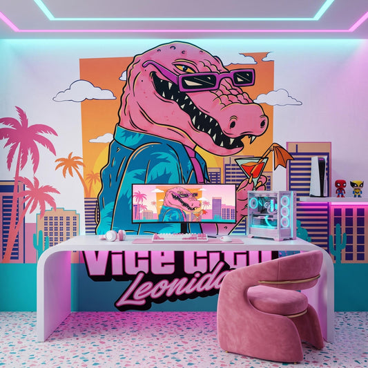 Synthwave Crocodile Retro 80s Wall Mural, Vice City Style Peel and Stick Wallpaper, Vaporwave Room Decor, Tropical Gamer Wall Art