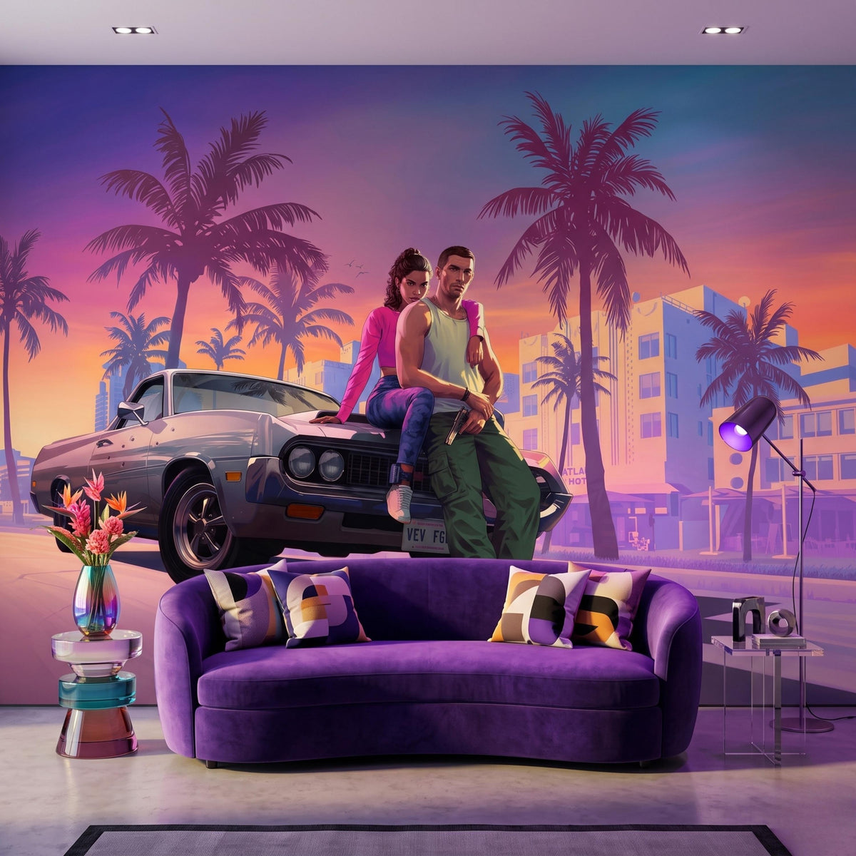 Purple Synthwave Gaming Wall Mural Video Game Art, Sunset Palm Tree Gamer Wallpaper, Man Cave Room Decor, Cinematic Action Mural