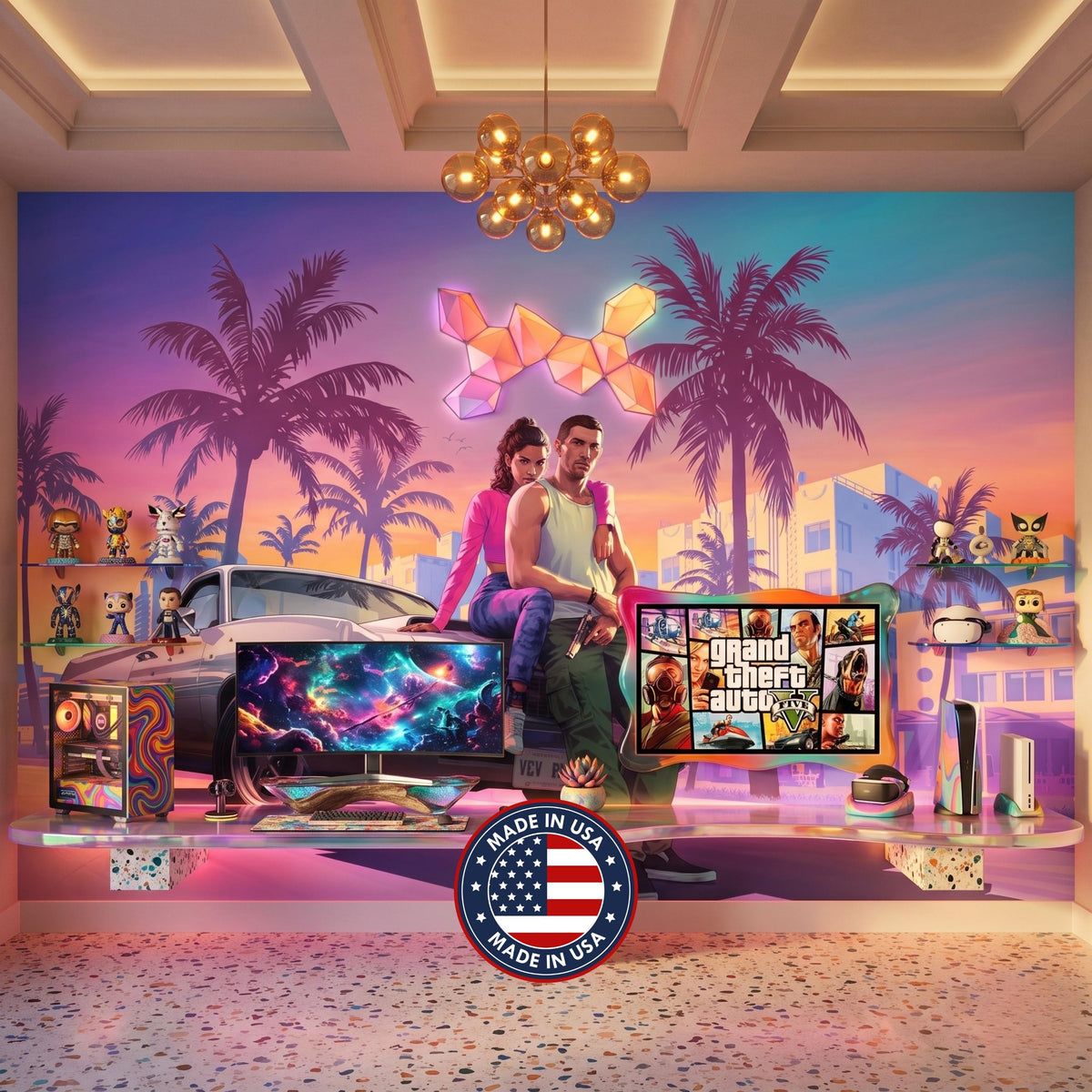 Purple Synthwave Gaming Wall Mural Video Game Art, Sunset Palm Tree Gamer Wallpaper, Man Cave Room Decor, Cinematic Action Mural