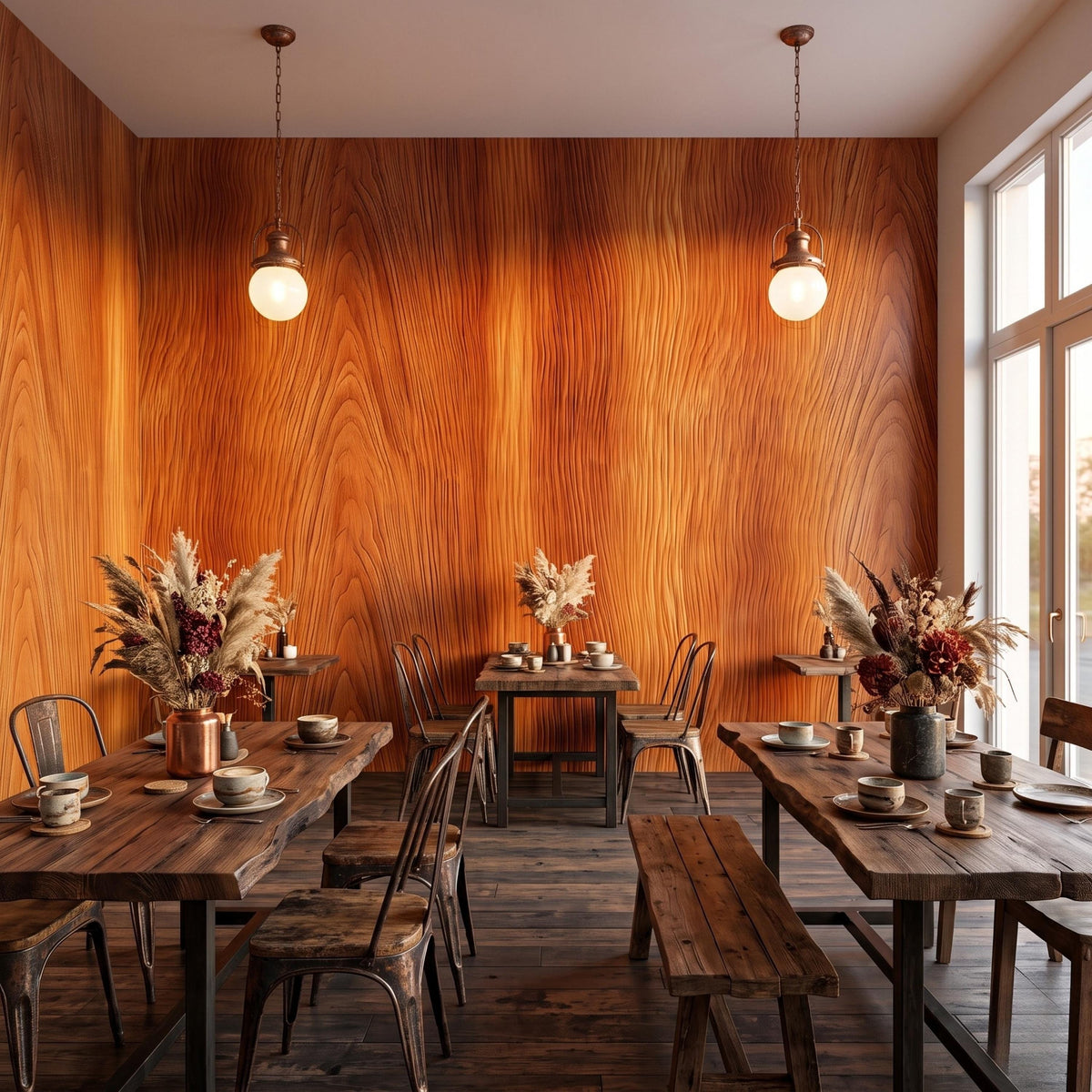 Natural Wood Grain Rustic Wallpaper Mural, Mid Century Modern Decor, Warm Cedar Wood Texture, Peel and Stick Accent Wall