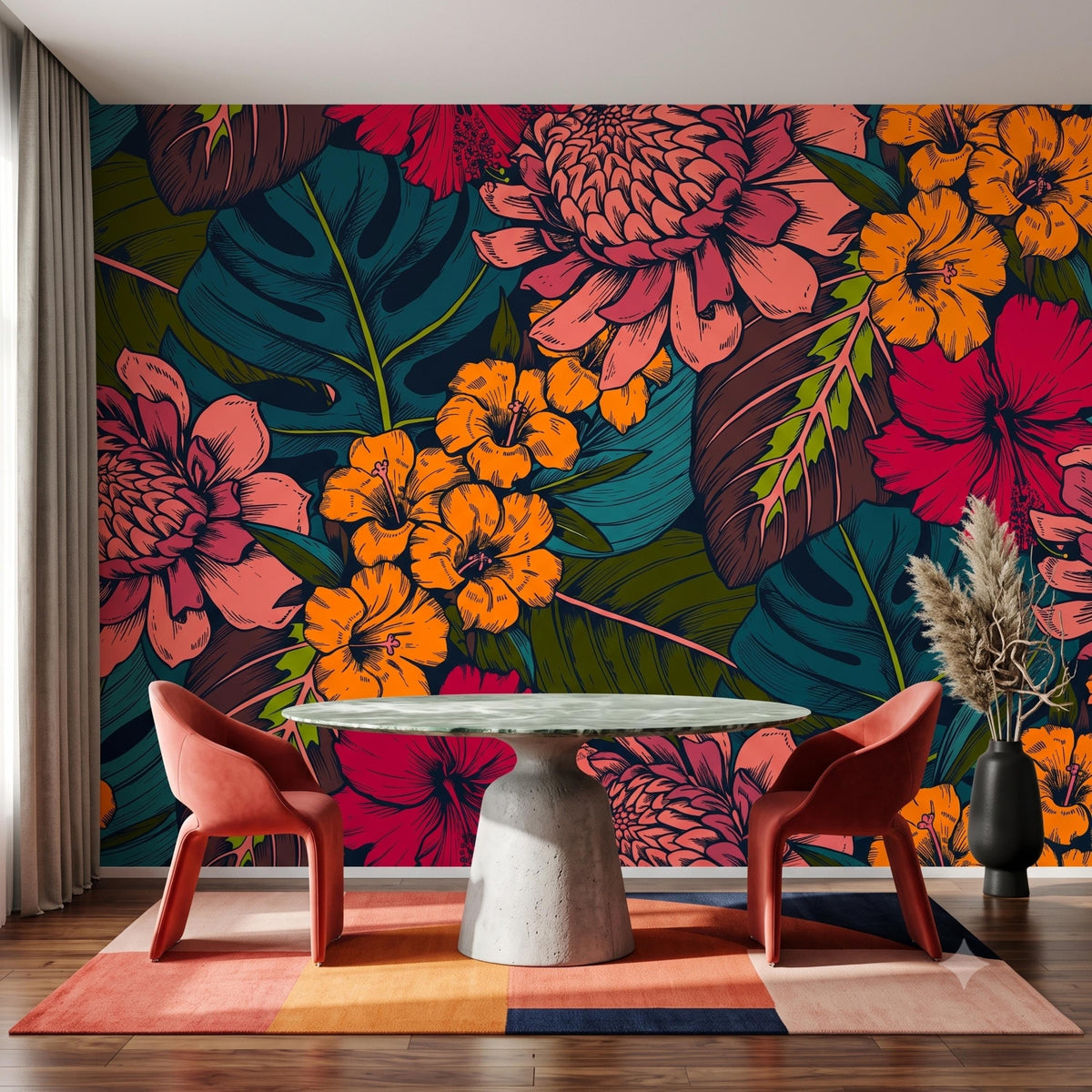 Tropical Floral Removable Wallpaper Peel and Stick Wall Mural, Boho Accent Wall, Jungle Floral Decor, Vintage Botanical Print
