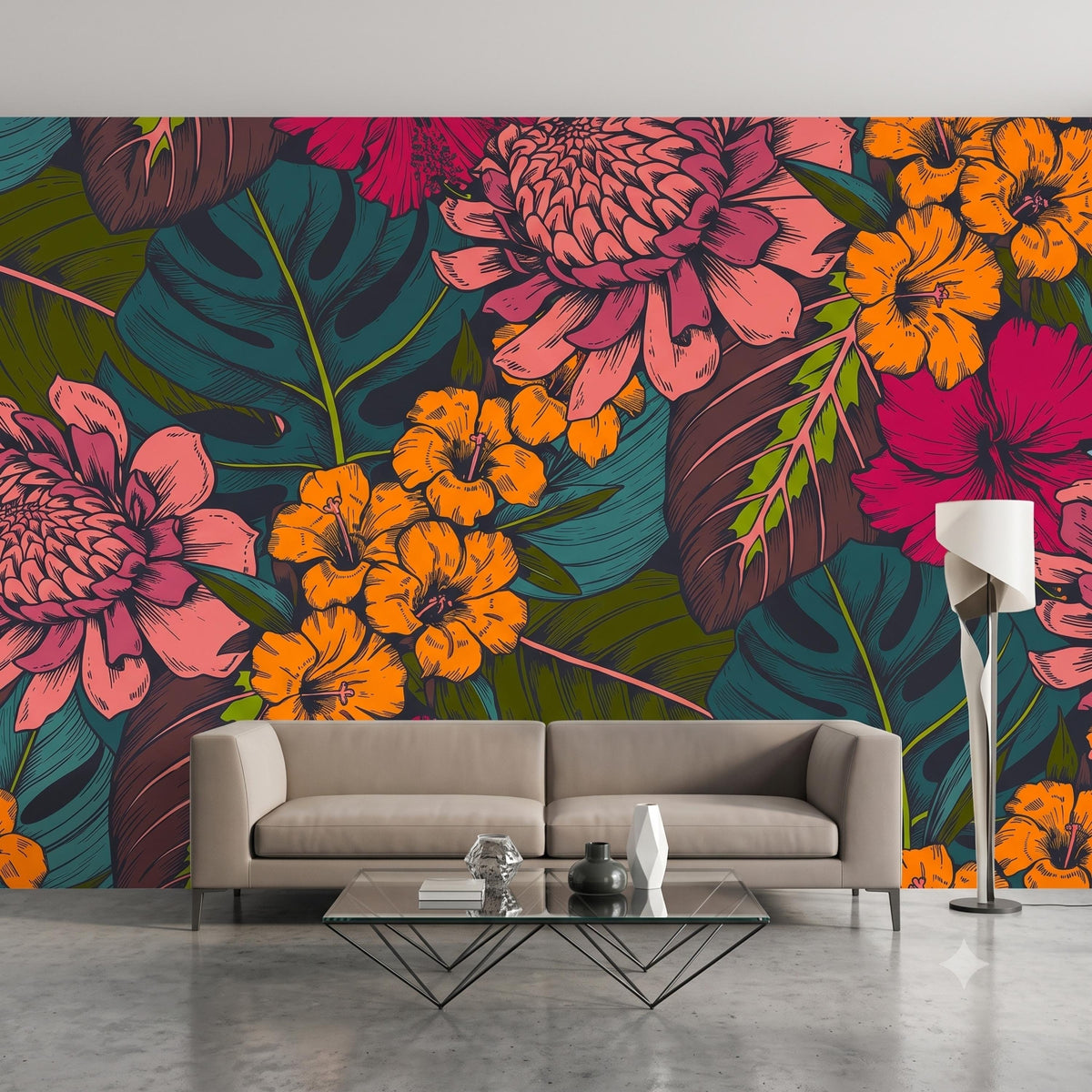 Tropical Floral Removable Wallpaper Peel and Stick Wall Mural, Boho Accent Wall, Jungle Floral Decor, Vintage Botanical Print