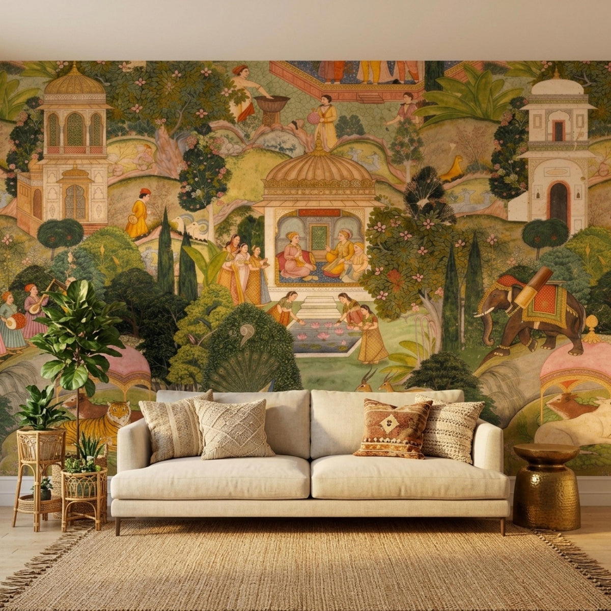 Mughal Miniature Garden Wallpaper Mural, Indian Vintage Landscape Art, Large Green Maximalist Wall Decor, Traditional Ethnic Home Accent