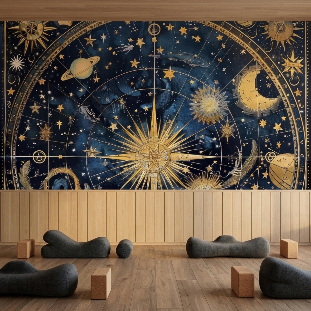 Celestial Navy Gold Constellation Mural, Vintage Astronomical Chart Wallpaper