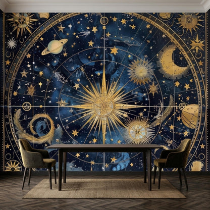 Celestial Navy Gold Constellation Mural, Vintage Astronomical Chart Wallpaper
