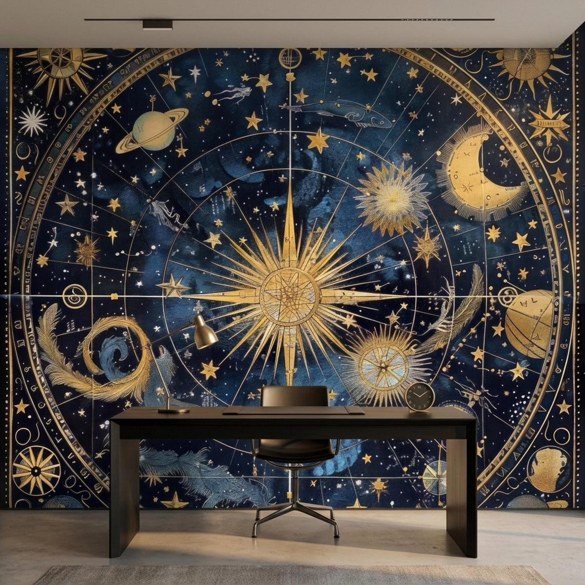 Celestial Navy Gold Constellation Mural, Vintage Astronomical Chart Wallpaper