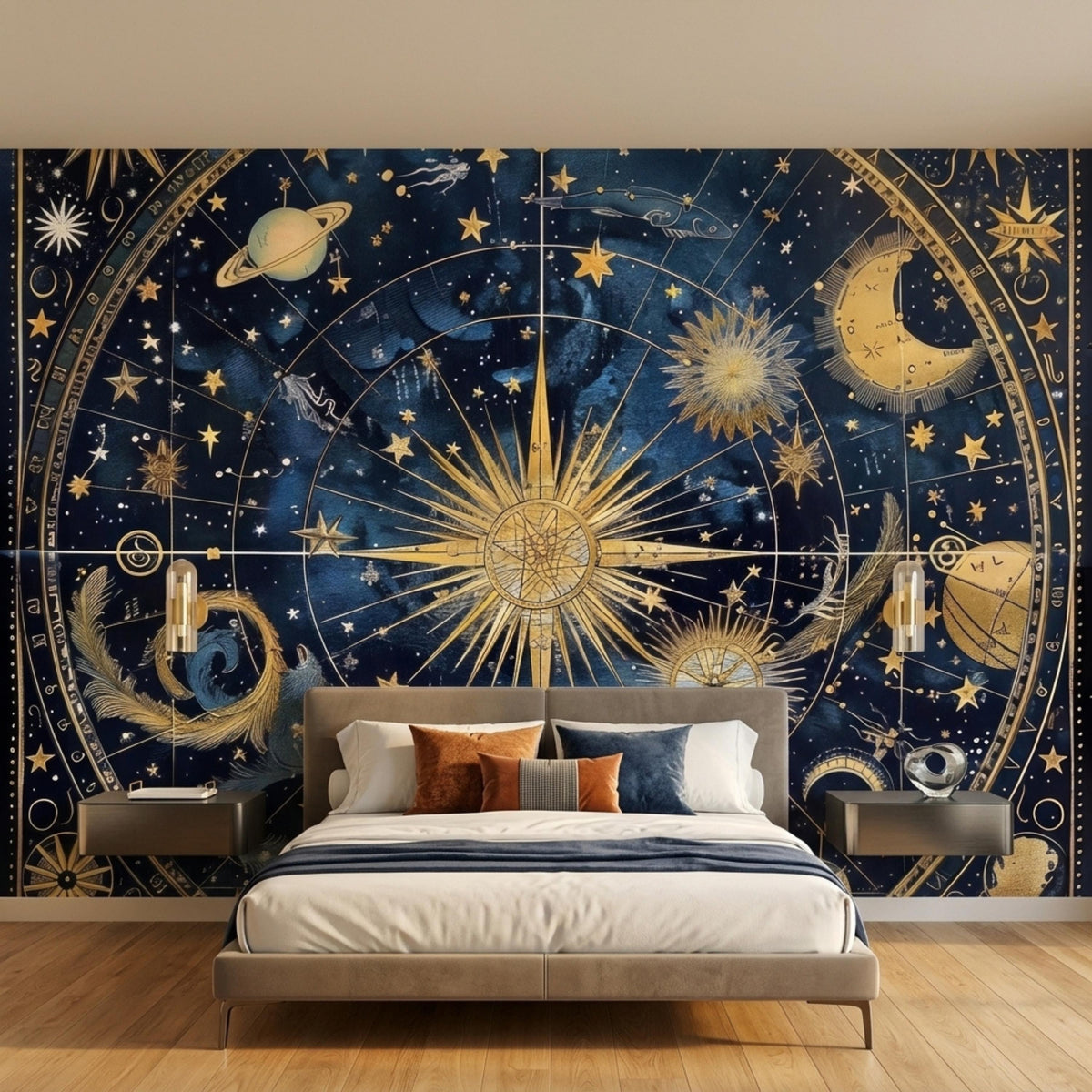 Celestial Navy Gold Constellation Mural, Vintage Astronomical Chart Wallpaper