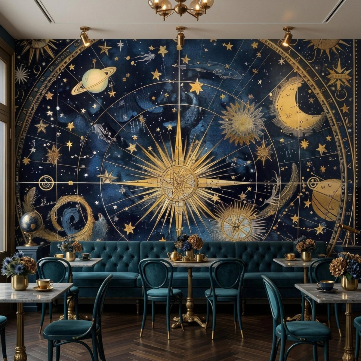 Celestial Navy Gold Constellation Mural, Vintage Astronomical Chart Wallpaper