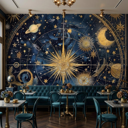 Celestial Navy Gold Constellation Mural, Vintage Astronomical Chart Wallpaper