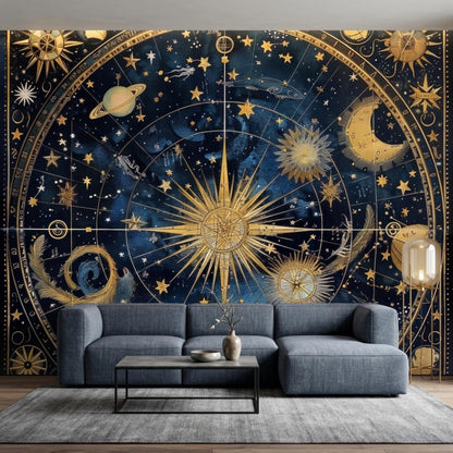 Celestial Navy Gold Constellation Mural, Vintage Astronomical Chart Wallpaper