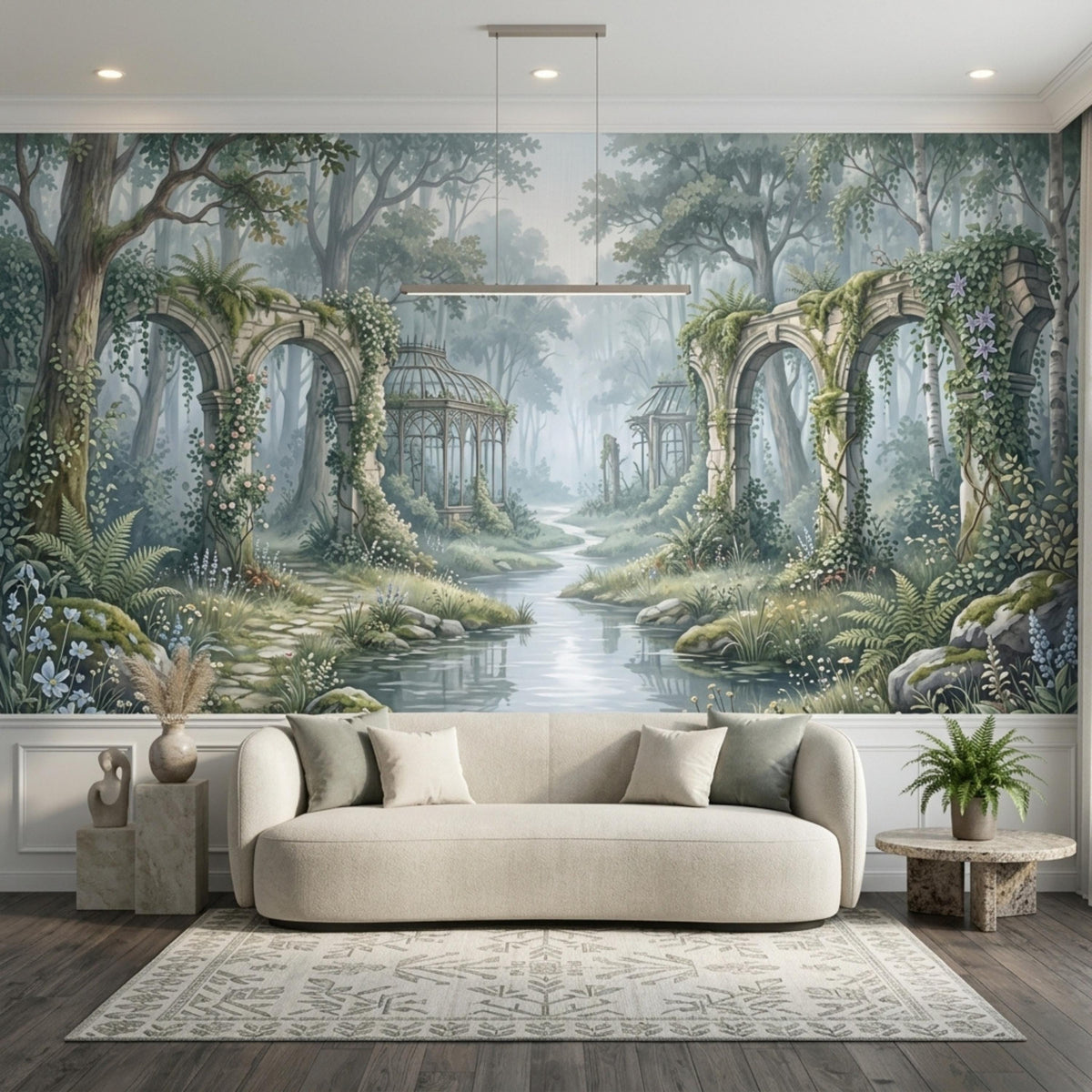 A living room with a light beige sofa and a patterned rug, set against a wall mural depicting an enchanted forest with stone arches, a winding river, and glass gazebos.
