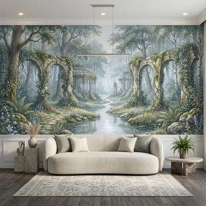 A living room with a light beige sofa and a patterned rug, set against a wall mural depicting an enchanted forest with stone arches, a winding river, and glass gazebos.