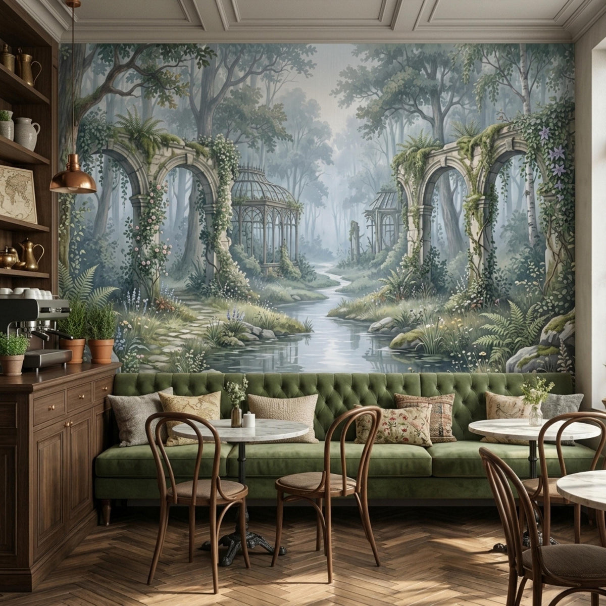 A cafe interior with a long green booth and wooden tables, featuring a wall mural of a misty forest with stone ruins and a stream.