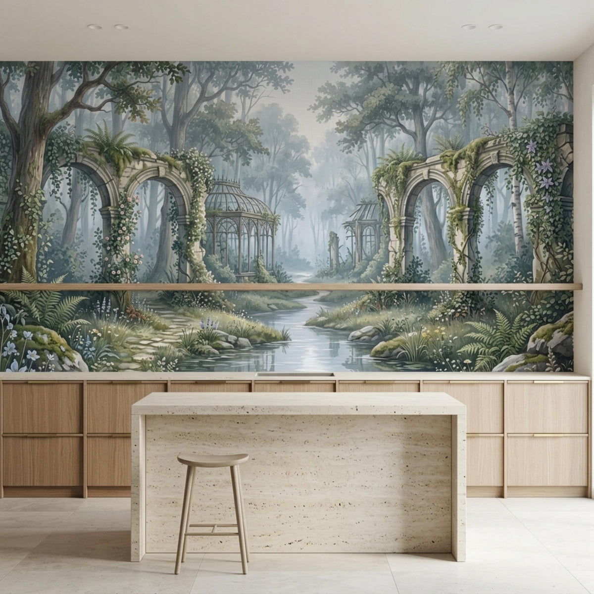 A kitchen with light wood cabinets and a large stone island, against a wall mural of a whimsical forest with ancient arches and a flowing creek.