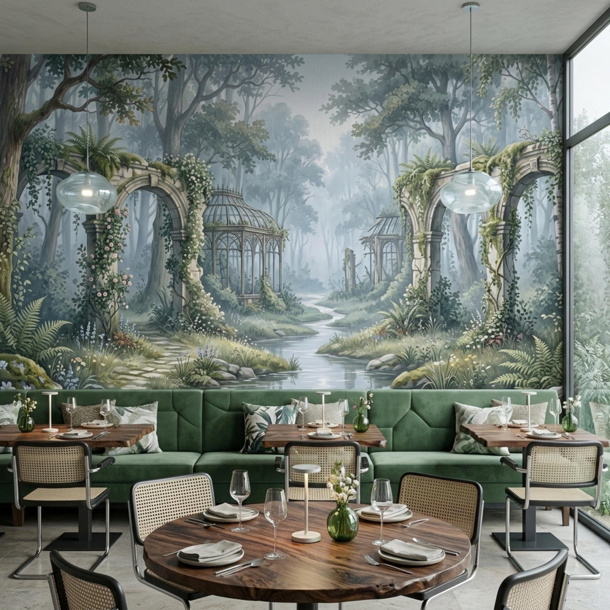 A restaurant dining area with green upholstered seating and round wooden tables, featuring a wall mural of a mystical forest with stone structures and a water path.