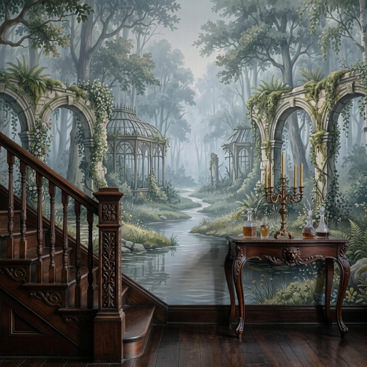 A dark wooden staircase and a console table with candelabra, set against a wall mural of an ethereal forest with overgrown arches and a reflective stream.