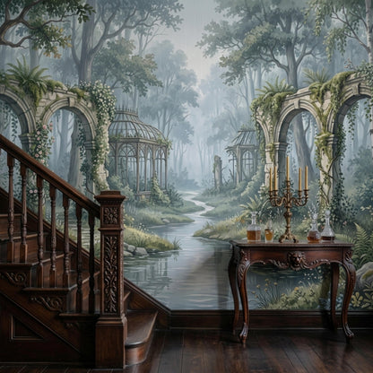 A dark wooden staircase and a console table with candelabra, set against a wall mural of an ethereal forest with overgrown arches and a reflective stream.