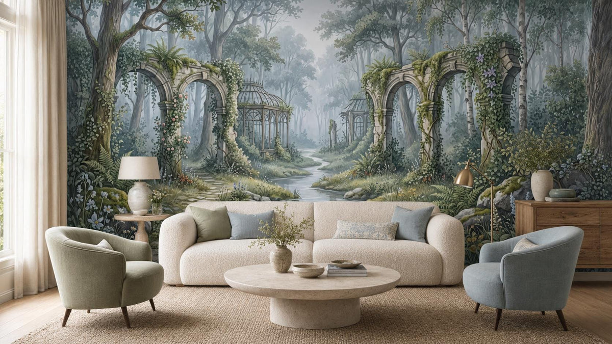 A living room with a light-colored sofa and two armchairs, arranged in front of a wall mural depicting an enchanted forest with stone arches and a river.