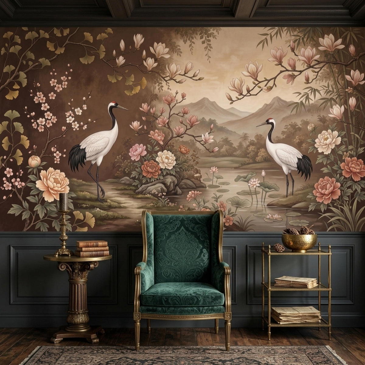 A dark green armchair and a gold side table sit on a dark wood floor in front of a mural depicting two cranes, a pond, mountains, and various flowers on a brown and beige background.