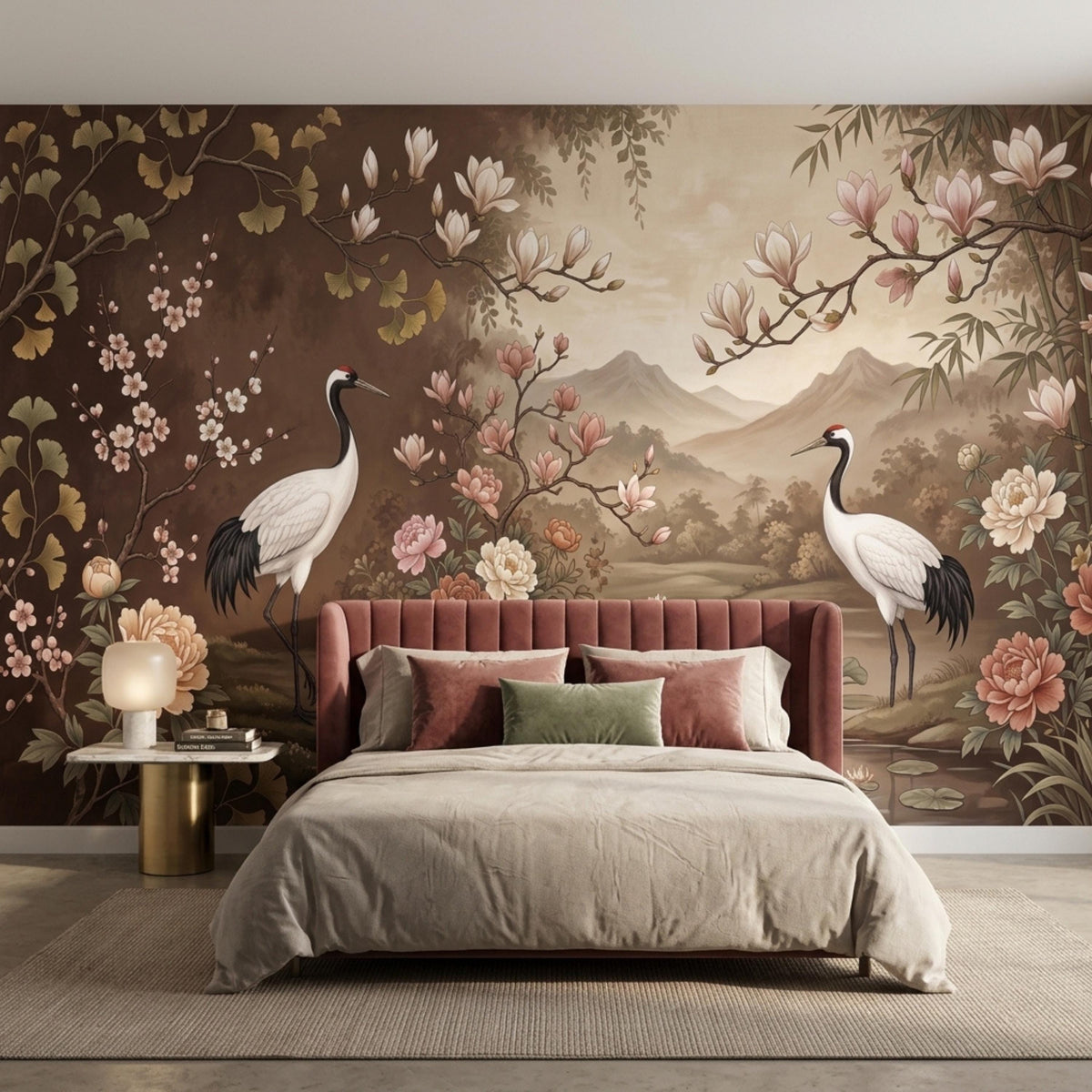 A bedroom with a pink upholstered bed and light bedding in front of a mural depicting two cranes, a pond, mountains, and various flowers on a brown and beige background.