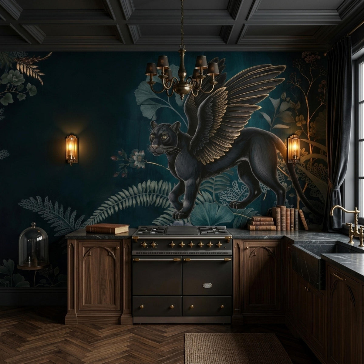 A kitchen with a dark green wall mural featuring a winged black panther and botanical elements, dark wooden cabinets, and a black range oven.