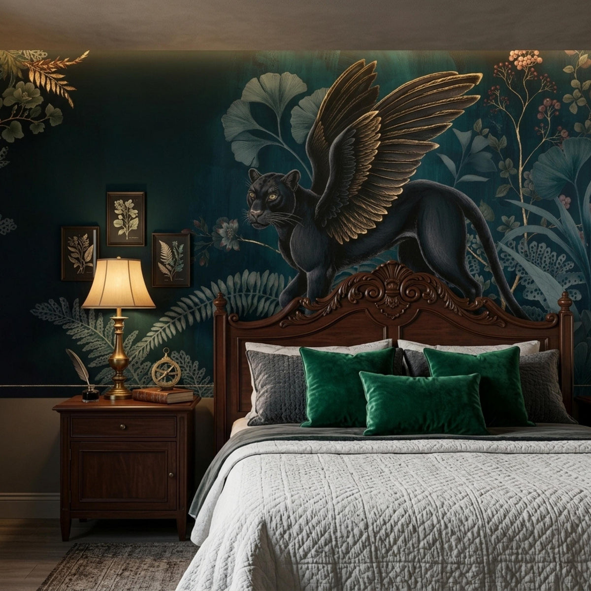 A bedroom with a dark green wall mural featuring a winged black panther and botanical elements, a wooden bed frame, and a white comforter with green pillows.