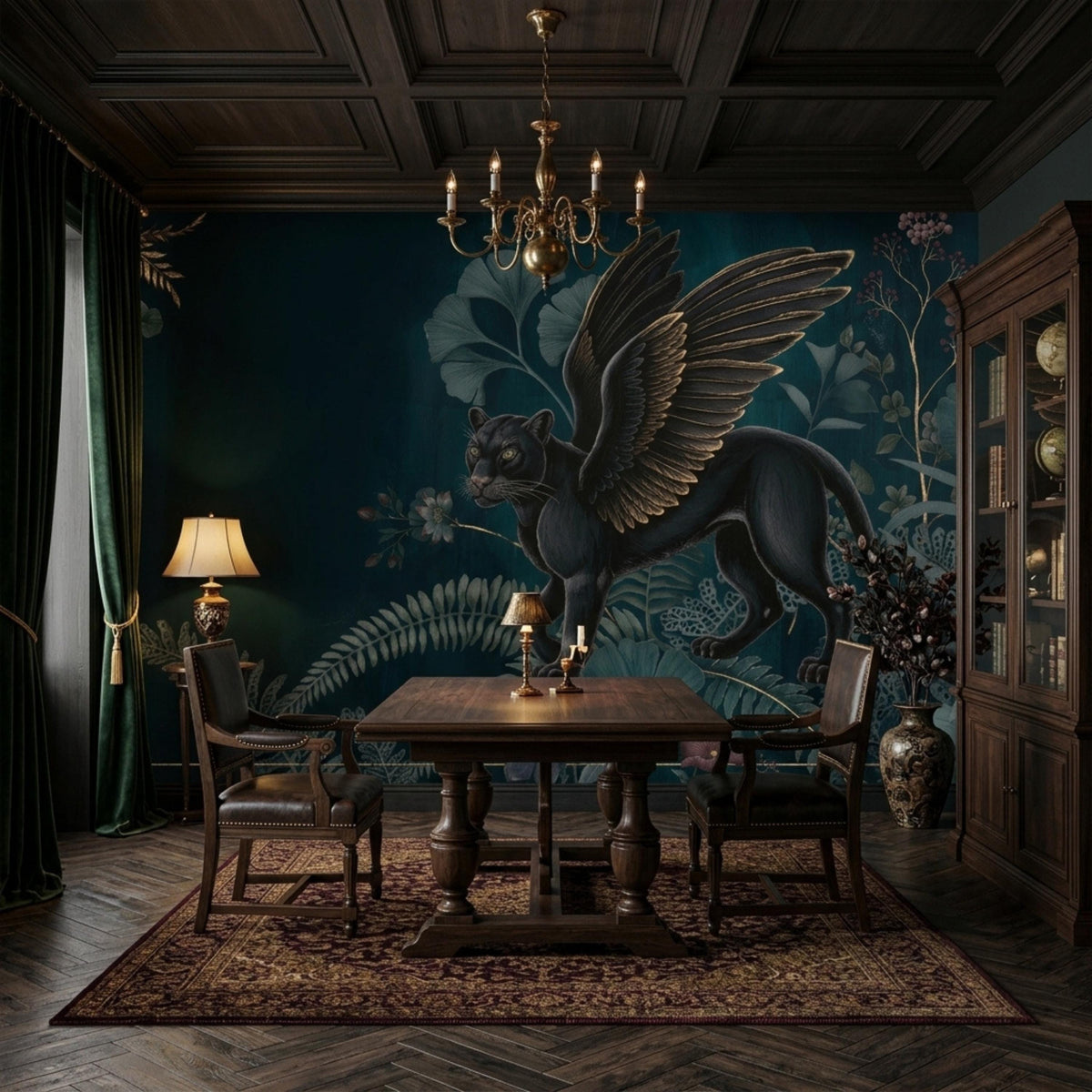 A dining room with a dark green wall mural featuring a winged black panther and botanical elements, a dark wooden dining table, and matching chairs on a patterned rug.