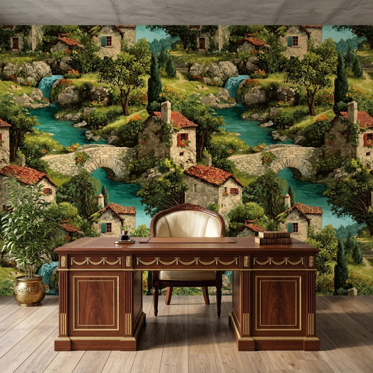 An office with a large wooden desk and a white chair, against a wallpaper featuring a painted village scene with houses, trees, and a river.