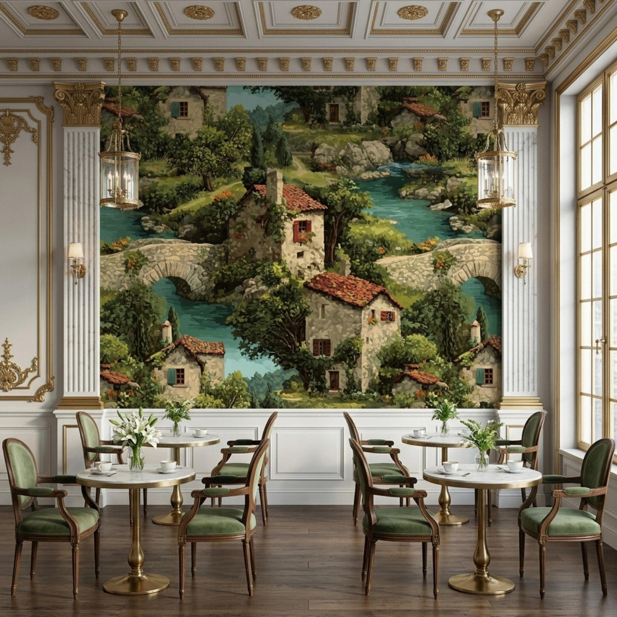 A cafe setting with round tables and green chairs, against a wallpaper featuring a painted village scene with houses, trees, and a river.