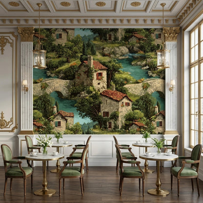 A cafe setting with round tables and green chairs, against a wallpaper featuring a painted village scene with houses, trees, and a river.